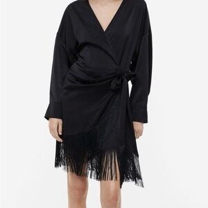H&M Black Fringe Tie-Waist Wrap Mini Dress